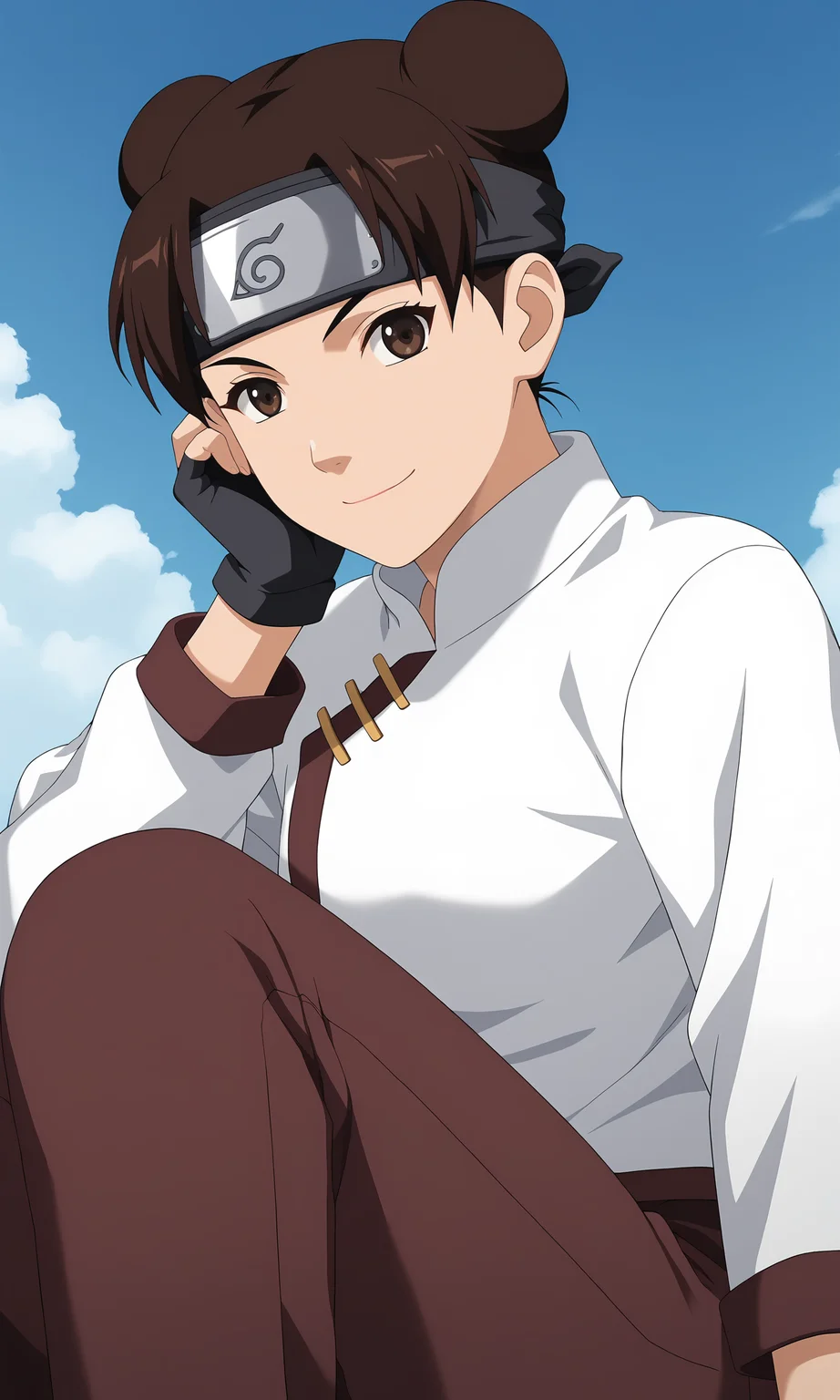 score_9, score_8_up, score_7_up, game cg,
close-up, from below, dutch angle,
sitting, hands on the side,
tentenshippuden, 1girl, looking at viewer, black gloves, brown eyes, dark brown hair, double bun, fingerless gloves, forehead protector, konohagakure symbol, long sleeves, parted bangs, short hair, white shirt, pants,
smile, closed mouth,
cloud, wind,
<lora:tenten_PXL:1>