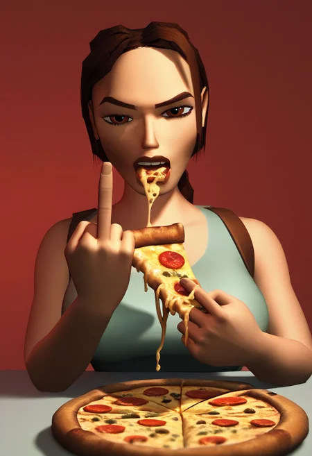 (score_9, score_8_up, score_7_up:1), 1girl, solo, lara croft, eating, pizza, middle finger, looking at viewer