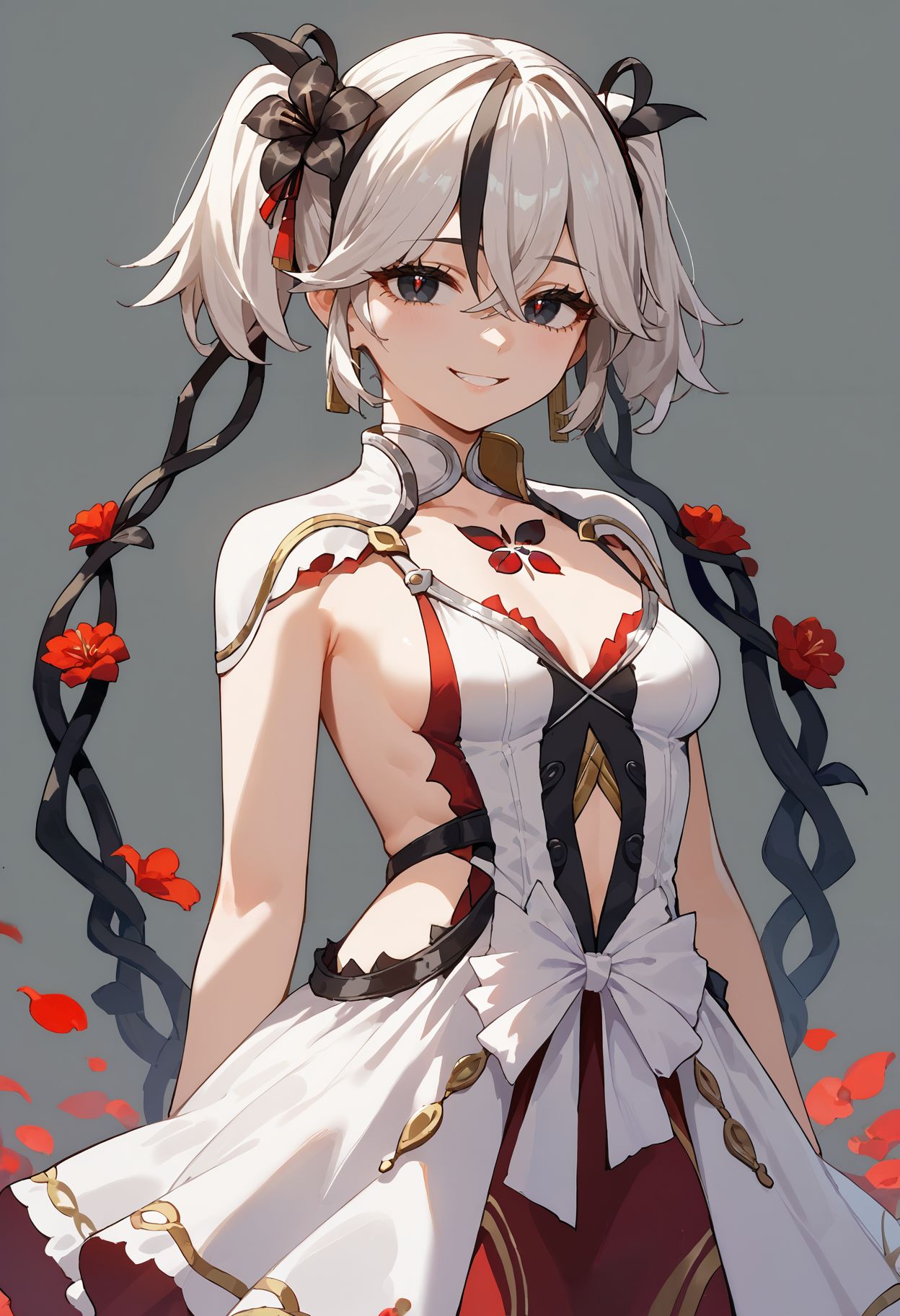 score_9, score_8_up, score_7_up, score_6_up,<lora:camellya_wuwa_pdxl_goofy:1>camellya, 1girl, asymmetrical clothes, black eyes, black flower, breasts, collar, crossed bangs, dress, flower, flower on chest, hair flower, hair ornament, hair vines, medium breasts, red petals, red pupils, short twintails, sideless dress, simple background, single bare arm, single pantsleg, smile, solo, twintails, two-tone veil, white collar, white dress, white hair