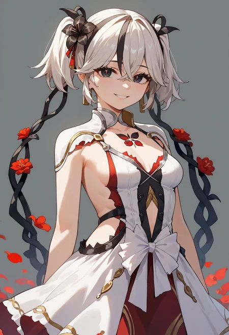 score_9, score_8_up, score_7_up, score_6_up,<lora:camellya_wuwa_pdxl_goofy:1>camellya, 1girl, asymmetrical clothes, black eyes, black flower, breasts, collar, crossed bangs, dress, flower, flower on chest, hair flower, hair ornament, hair vines, medium breasts, red petals, red pupils, short twintails, sideless dress, simple background, single bare arm, single pantsleg, smile, solo, twintails, two-tone veil, white collar, white dress, white hair