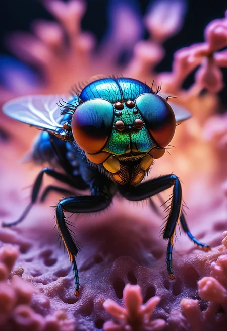 Front view of a fly, symmetrical, 2 fly eyes, showcasing its intricate compound structure with hexagonal facets. Use a fisheye lens effect to emphasize curvature and depth. Highlight vibrant, iridescent colors and reflections, capturing the unique light interaction. Softly blur the background to maintain focus on the eye's details, creating a striking and immersive image
<lora:aidmaMTG-CardsXL-v0.1:1> ,mtg, mtg card,
(score_9, score_8_up:1.1), score_7_up,