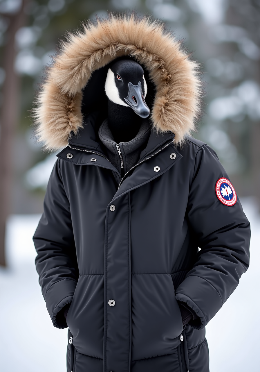 a canadian goose wearing a canada goose jacket
