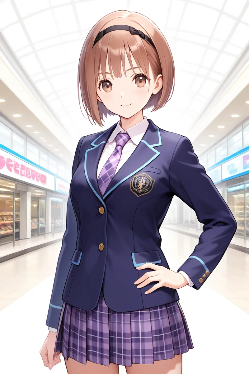 <lora:Hoshizaki_Ao_Blue_Reflection_Illus:1>1girl, solo, looking at viewer, short hair, skirt, shopping mall, mall background, center of attention, brown hair, white background, brown eyes, school uniform, standing, jacket, cowboy shot, pleated skirt, hairband, headband, light purple tartan necktie, hand on hip, plaid, plaid skirt, bob cut, blazer, Hoshizaki Ao, school uniform outfit, sexy pose, sexy smile,