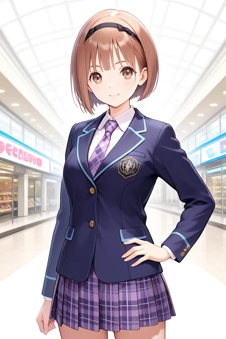 <lora:Hoshizaki_Ao_Blue_Reflection_Illus:1>1girl, solo, looking at viewer, short hair, skirt, shopping mall, mall background, center of attention, brown hair, white background, brown eyes, school uniform, standing, jacket, cowboy shot, pleated skirt, hairband, headband, light purple tartan necktie, hand on hip, plaid, plaid skirt, bob cut, blazer, Hoshizaki Ao, school uniform outfit, sexy pose, sexy smile,