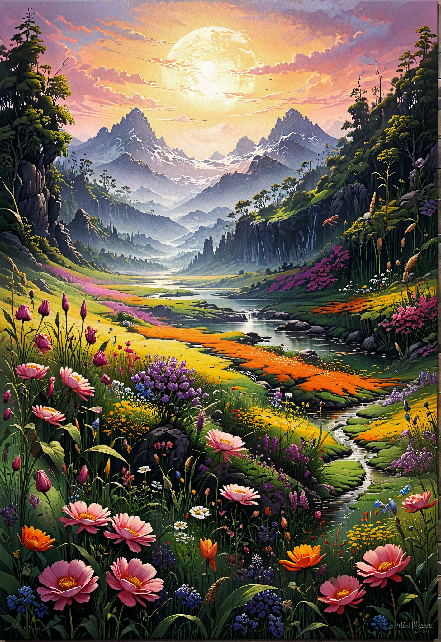 <lora:sdxl\xl_more_art-full_v1> no humansby Peter Jackson, painting, A vibrant painting depicts a tranquil scene of blooming flowers with shades of pink, orange, and yellow. The background is a lush floral meadow filled with wildflowers and tall grasses, creating a serene atmosphere. The colors blend seamlessly into each other, Smoky Conditions, Flustered, 80mm