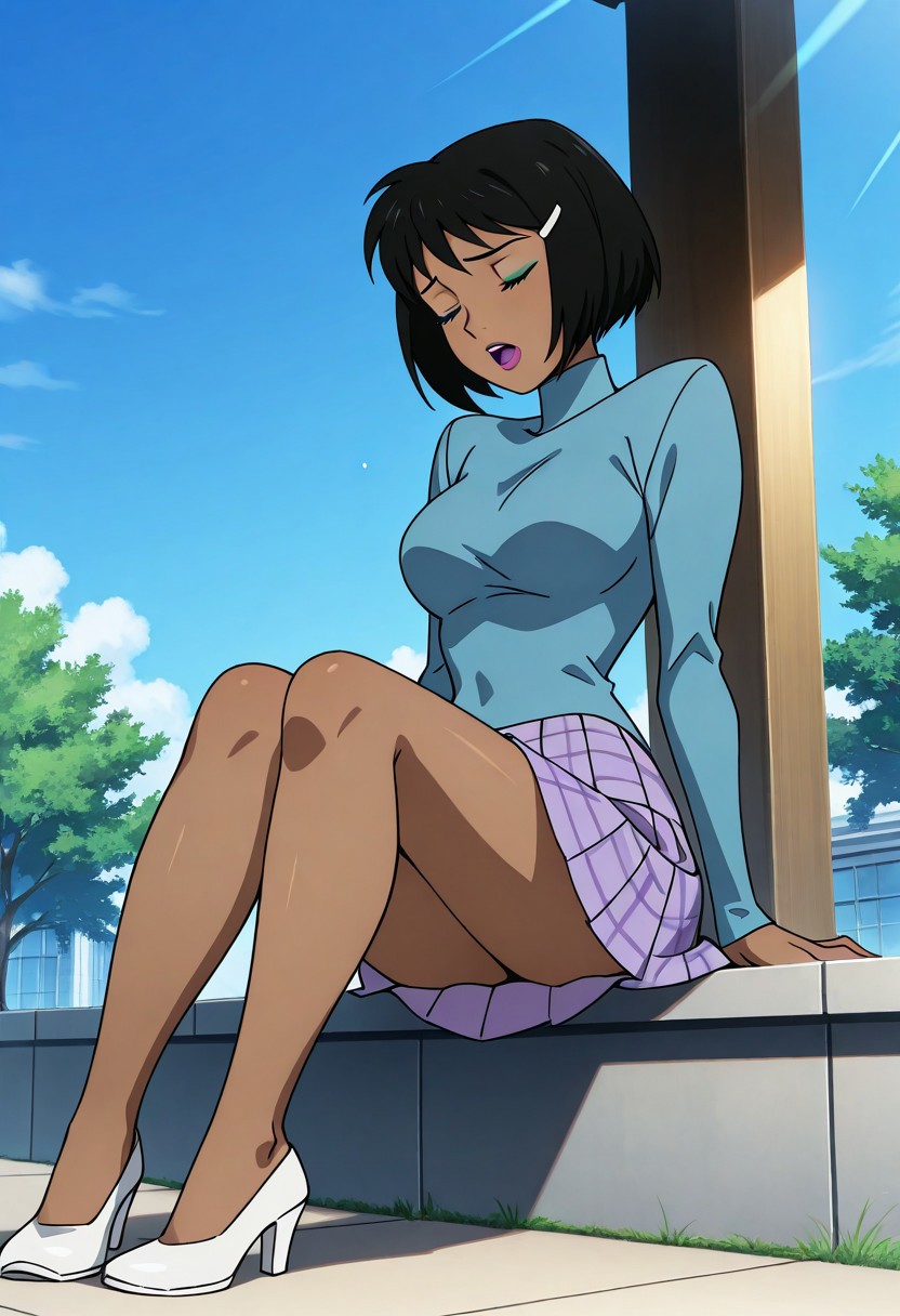 score_9, score_8, score_7_up, source_anime, anime_coloring, anime_screenshot, highres, rating_questionable, solo, BREAK,
StaticMadelynSpaulding, 1girl, dark-skinned female, black hair, short hair, bob cut, hairclip, hair ornament, aqua eyes, green eyes, makeup, lipstick, purple lips, breasts, medium breasts, turtleneck, sweater, blue shirt, blue sweater, long sleeves, skirt, purple skirt, plaid skirt, pleated skirt, miniskirt, white footwear, shoes, high heels
sitting, exhausted, closed eyes, head down, open mouth, BREAK school, day, blue sky,