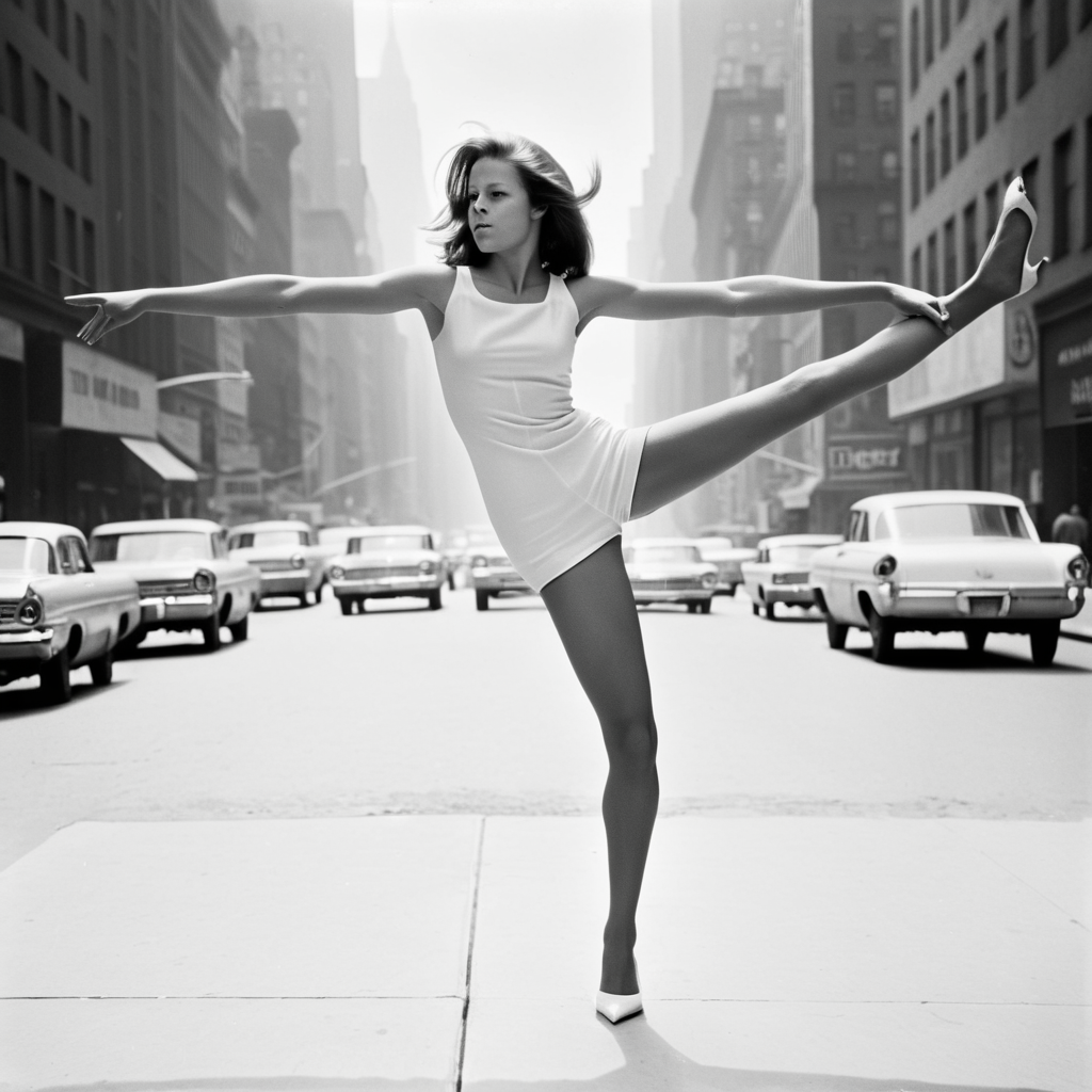 1960s, new york street, haze, young usa woman posing in a strange pose. strong contrast, best proportions, <lora:strange_poses:1>, anatomically correct hands, anatomically correct feet, anatomically correct palms,