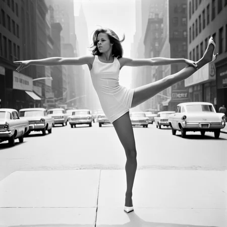 1960s, new york street, haze, young usa woman posing in a strange pose. strong contrast, best proportions, <lora:strange_poses:1>, anatomically correct hands, anatomically correct feet, anatomically correct palms,