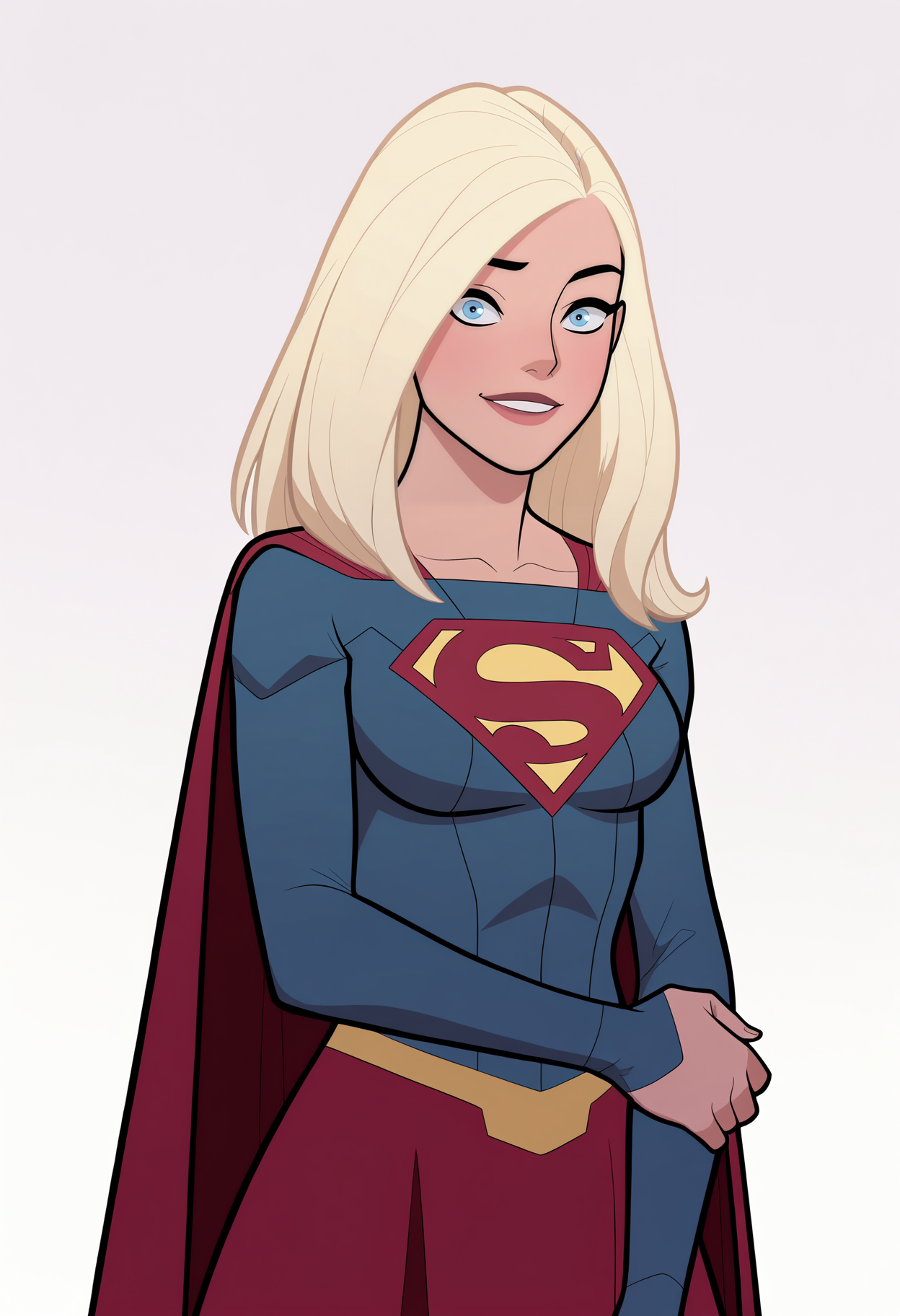 best quality, amazing quality, very aesthetic, absurdres,
1girl, supergirl, blonde hair, long hair, blue eyes,
bodysuit, long sleeves, red cape, red skirt,
smile, upper body, looking at viewer, solo, simple background, white background,  <lora:SupergirlLoSHNoobXL_byKonan:1>