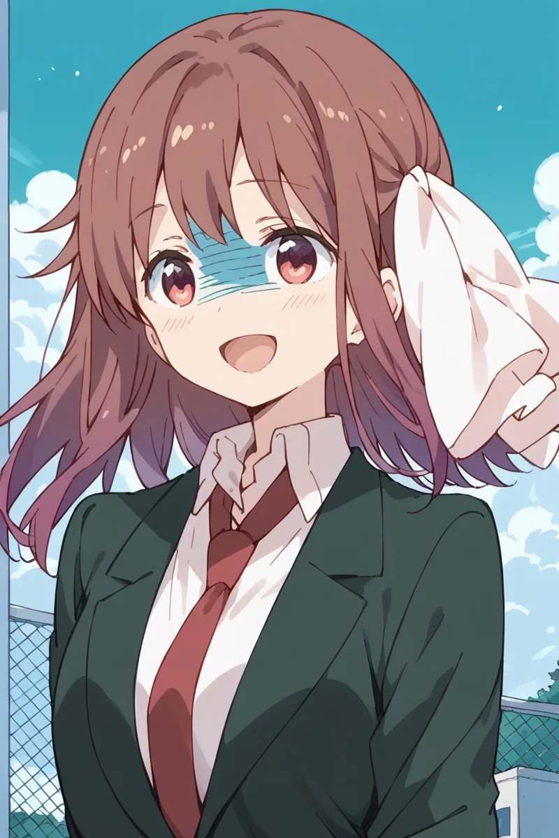 score_9, score_8_up, score_7_up, score_6_up,
<lora:Haruka_Takayama:1> haruka, 1girl, solo, necktie, open mouth, turn pale, smile, school uniform, :d, brown hair, jacket, blazer, shaded face, red necktie, hair ribbon, ribbon