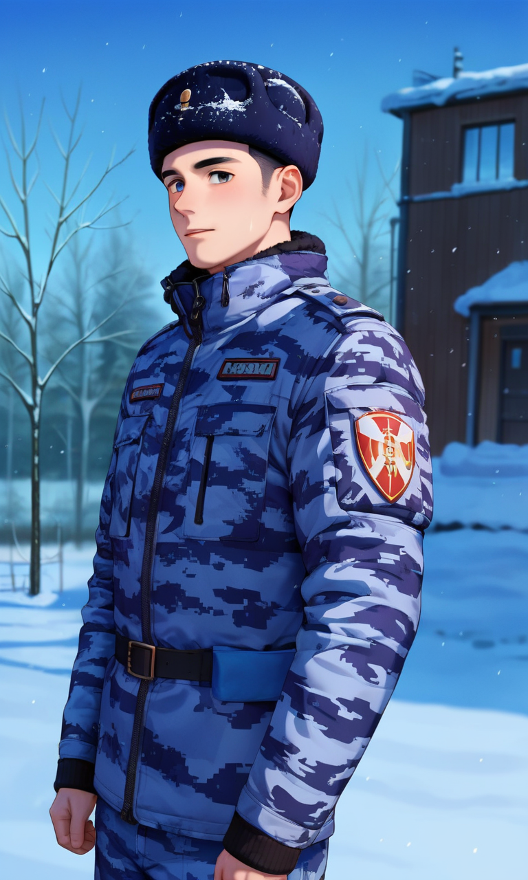 anime studio, anime artwork, anime artstyle, vibrant, score_9, score_8_up, score_7_up, source_anime, 1boy, solo, glavakolhoza_rosgvardiya, outdoors, snowy, military uniform, (dark blue camouflage:1.2), winter jacket, winter cap, unit patch, standing, looking at viewer, <lora:glavakolhoza_rosgvardiya:0.75>, from behind