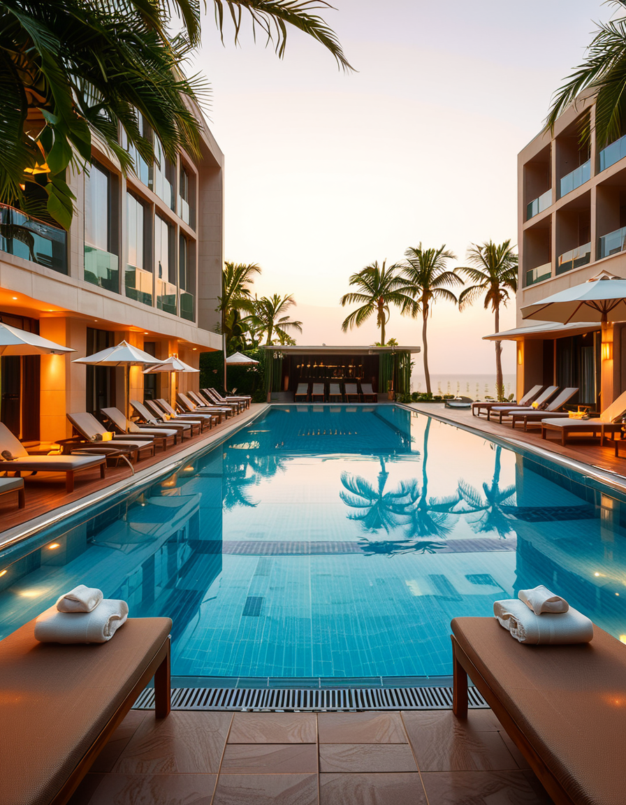 A luxurious hotel swimming pool at sunset, surrounded by elegant lounge chairs and palm trees. The crystal-clear water reflects the warm hues of the sky, creating a serene and inviting atmosphere. The pool has an infinity edge overlooking a breathtaking ocean view, with soft ambient lighting enhancing the tranquil mood. The surrounding area is immaculately maintained, with neatly arranged sunbeds, stylish umbrellas, and a sleek modern poolside bar in the background. The scene is captured in ultra-high resolution, with photorealistic details emphasizing the shimmering water, the textures of the pool tiles, and the gentle movement of palm leaves in the evening breeze.
<lora:SDXLFaeTastic2400:0.4> <lora:extremely_detailed:0.4> extremely detailed, <lora:hotel_sw1mm1ng_p00l:1>,hotel sw1mm1ng p00l, Masterpiece,best quality,hi res,8k,hi res,8k,award winning,(sharp focus, intricate, highly detailed),