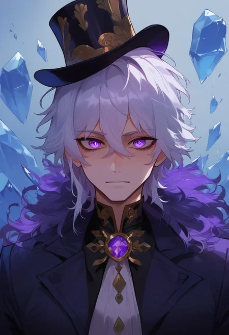 score_9, score_8_up, score_7_up, score_6_up, one anime style, boy, 20 year old, attractive, masterpiece, best quality, long messy hair, white hair, purple tux with top hat, clear purple eyes, high detailed eyes, ice shards, purple glow, neutral expression