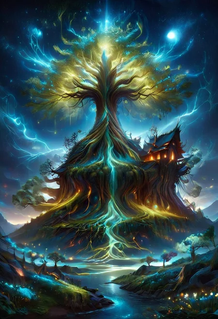 A captivating night scene illustration featuring a grand WOODEN viking long house standing tall on a large snowy hill overlooking a lake. lthndrtrl, The beautiful viking longhouse adorned with some windows, emits a warm glow, highlighting its incredible craftsmanship. The snowy hill is covered in great pine trees, reflecting on the calm, moonlit snow that mirrors the silvery moonlight. The full moon graces the sky, casting an ethereal glow on the clouds and mountain, while wispy clouds partially obscure its brilliance, adding to the scene's mystique. Twinkling stars dot the sky, creating a celestial tapestry that harmonizes with the moon's radiance. This enchanting artwork captures a serene and peaceful night, where the illuminated WOODEN viking longhouse stands resolute amidst the celestial beauty, creating a cinematic experience., illustration, cinematic, lthndrtrl, Yggdrasil
<lora:DonM3t3rn1tyXL-v1.1:0.7>, DonM3t3rn1tyXL,
OverallDetailXL <lora:MJ52:0.3> <lora:SDXLFaeTastic2400:0.4> <lora:EpicF4nta5yXL:0.7>