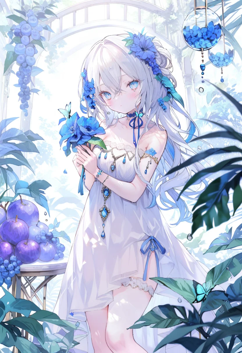 masterpiece, best quality, <lora:oninekoXL_ANI31_lokr_V43P1:0.95> 1girl, flower, solo, bug, hair ornament, dress, butterfly, blue eyes, hair flower, long hair, looking at viewer, white dress, holding, bare shoulders, hair between eyes, blue flower, fruit, white hair, strapless, strapless dress, water drop, food, standing, collarbone, blush, blue butterfly, closed mouth, choker, ribbon, jewelry, leaf, bridal garter, feet out of frame, plant, blue ribbon, sleeveless dress, holding flower, bracelet, sleeveless
