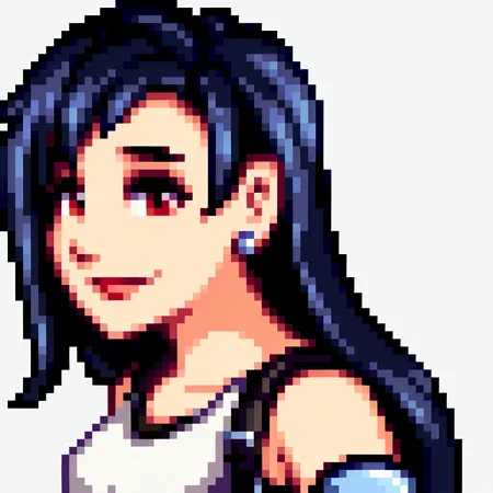 score_9, score_8_up, score_7_up, source_anime, BREAK, solo, 1girl, smile, looking at viewer, <lora:Stardew-Valley-Portraits-pdxl_Fp:1>, portrait, simple background, pixel art, white background, <lora:tifa-pdxl-nvwls-v1:0.8>, defTif, red eyes, black hair, low-tied long hair, earrings, white sports bra, black suspenders, elbow pads, from side,