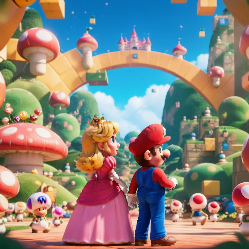 cinematic photo mario and princess peach, cute fantaisy world <lora:Mario1024-000200:0.8> . 35mm photograph, film, bokeh, professional, 4k, highly detailed