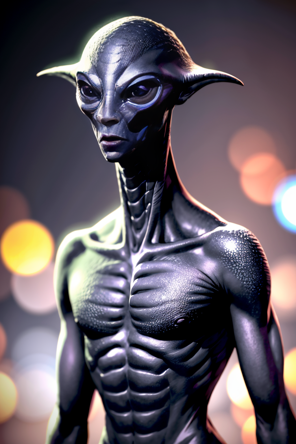 (Realistic:1.5) grey background bokeh realistic blurry background holding weapon book long neck 1boy detached collar alien portrait purple eyes black eyes standing  <lora:EdobFireAlienSoul_v1.0:0.8>