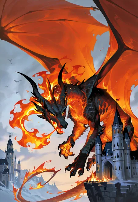 wayne reynolds, dragon, fire, horns, wings, castle, breathing fire, solo,animal focus,