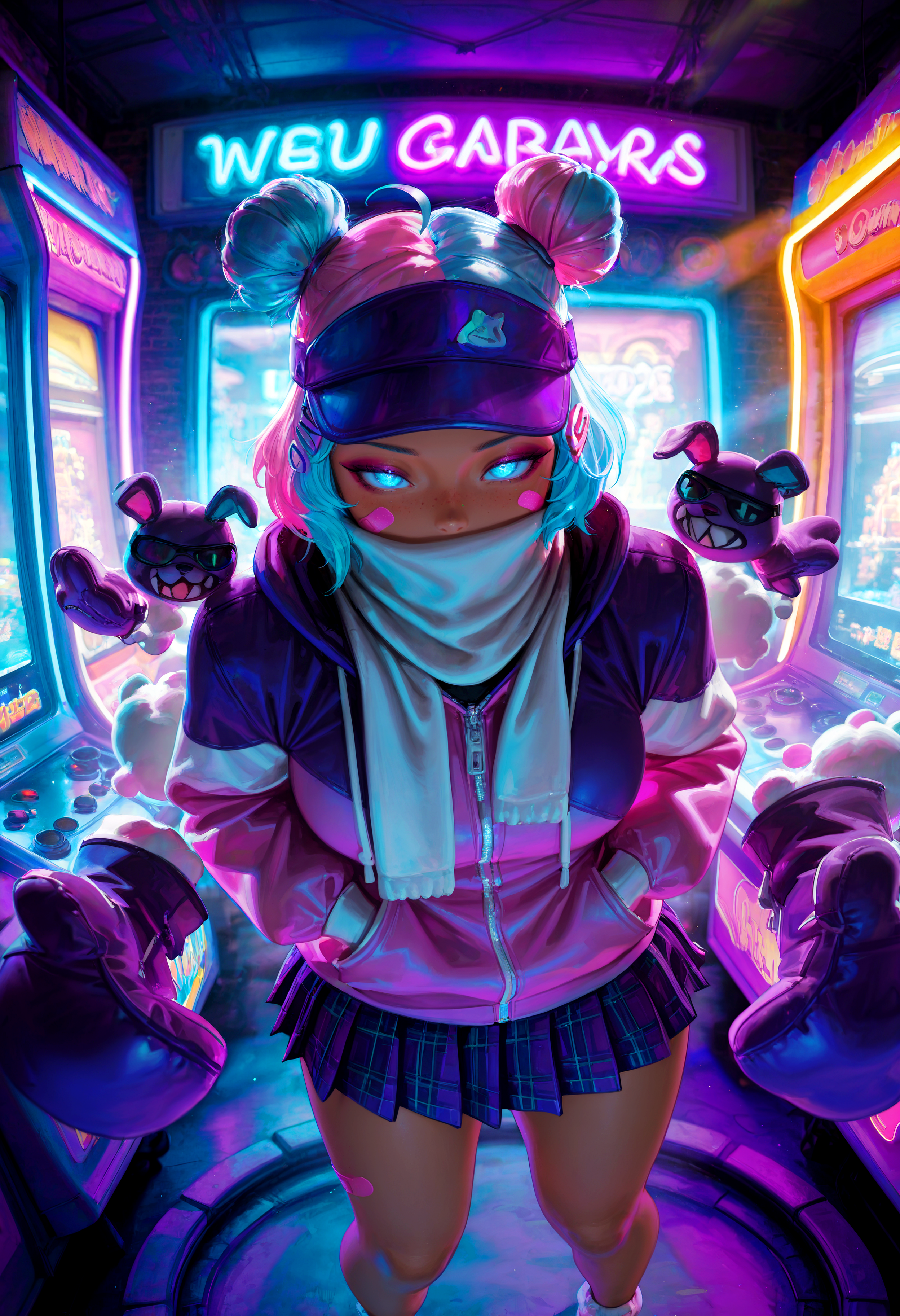 HDR, 8K, high contrast, masterpiece, best quality, amazing quality, very aesthetic, superabsurd res, high resolution, ultra-detailed, absurdres, newest, scenery, (horikoshi kouhei:0.3), (quasarcake:0.3), (wlop:0.3), light rays, chiaroscuro, dynamic angle, (from above), dutch angle, upper body, fisheye, foreshortening, fn_leelah, 1girl, dark skin, blue eyes, blue hair, pink hair, short hair, multicolored hair, two-tone hair, light blue hair, ahoge, hair bun, double bun, makeup, eyeshadow, freckles, bandaid on cheek, bandaid on face, bandaid on nose, breasts, (thick thighs:1.2), wide hips, hands in pockets, visor cap, hairclip, hoodie, hooded jacket, pink jacket, purple jacket, jacket, hood, hood down, white scarf, scarf over mouth, miniskirt, pleated skirt, plaid skirt, purple skirt, multicolored jacket, bandaid, bandaid on leg, zipper, zipper pull tab, (disembodied limb, floating limbs), mittens, pigeon-toed, naugty face, bedroom eyes, looking at viewer, paw pose, arms up, half closed eyes, (colorful), neon lights, arcade, glowing, godrays, backlighting, partially illuminated, Intricately designed, Mysterious Shadows, BREAK, photorealistic, beautiful detailed eyes, detailed skin, detailed hair, volumetric lighting, dappled light, light particles, dramatic shadows, cinematic lighting, photo background, depth of field, <lora:ponyxl\cfg_scale_boost:0.8> <lora:IL\KMS_Fortnite_Leelah_IL-000011:1>