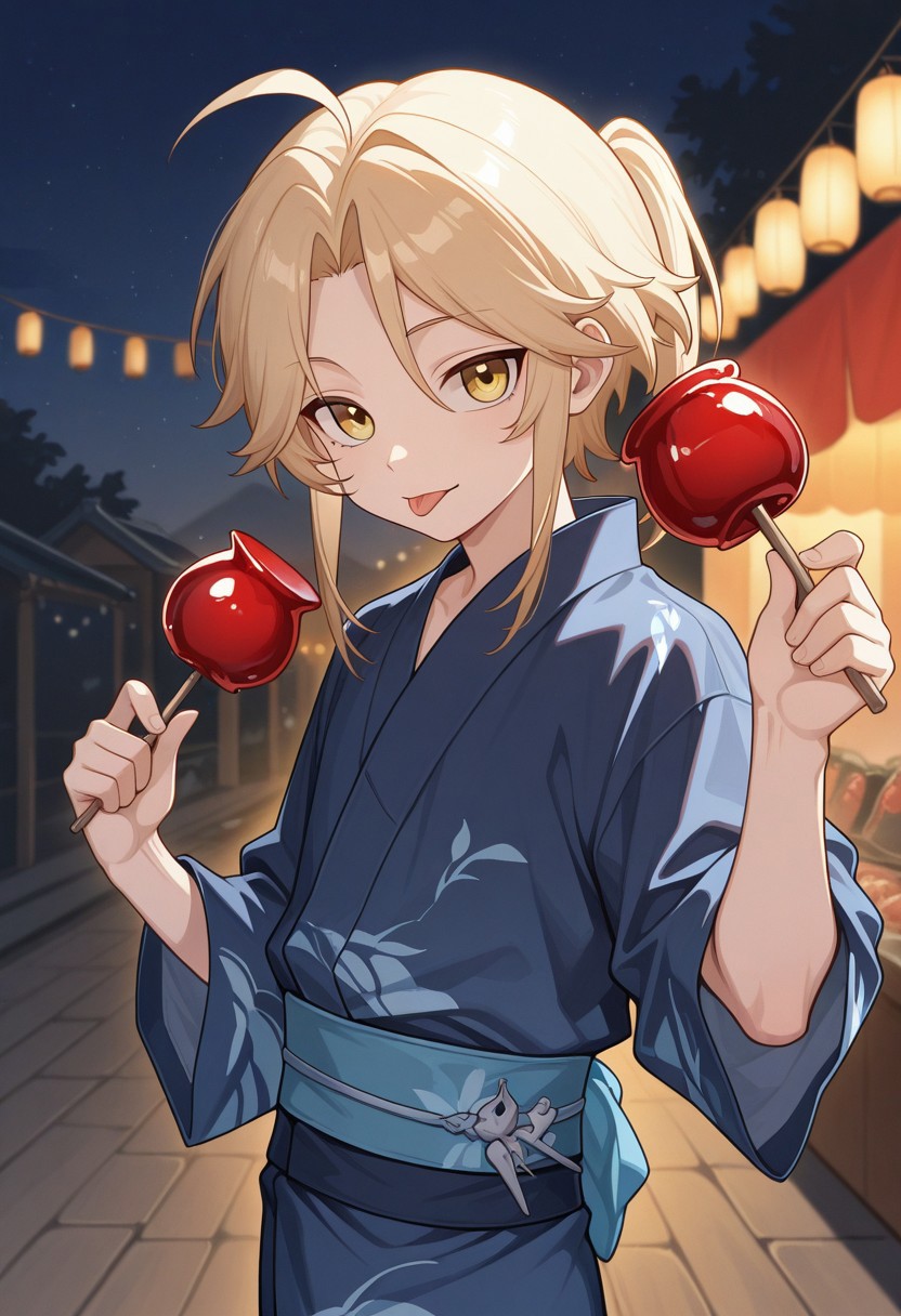 masterpiece,best quality,amazing quality, source_anime, 
Yanqihonk, 1boy, food, male focus, candy apple, yellow eyes, tongue, tongue out, solo, holding, looking at viewer,  yukata,  holding food, blue kimono, sash, blonde hair