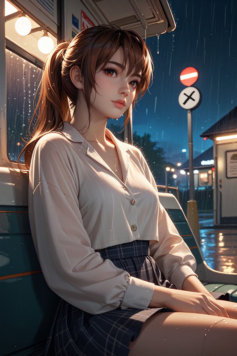 score_9, score_8_up, score_7_up,
<lora:DOAKasumi:0.8>
DOAKasumi, 1girl, brown hair, brown eyes, long hair, ponytail, looking at viewer, bus stop, night, rain, sitting, leaning back, dynamic lighting, modern, vogue