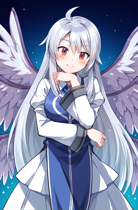 <lora:Sariel(Touhou)illustriousXL-12:1> sariel, 1girl, solo,
gray hair, long sidelocks, long hair, very long hair, ahoge,bangs, red eyes,wings,multiple wings, angel wings ,
white skirt, blue dress, white shirt, sleeveless dress,tabard , two-tone sleeves , collared shirt,
closed mouth, looking at viewer,smile, hand on own chin,head tilt,
BREAK masterpiece,best quality,amazing quality