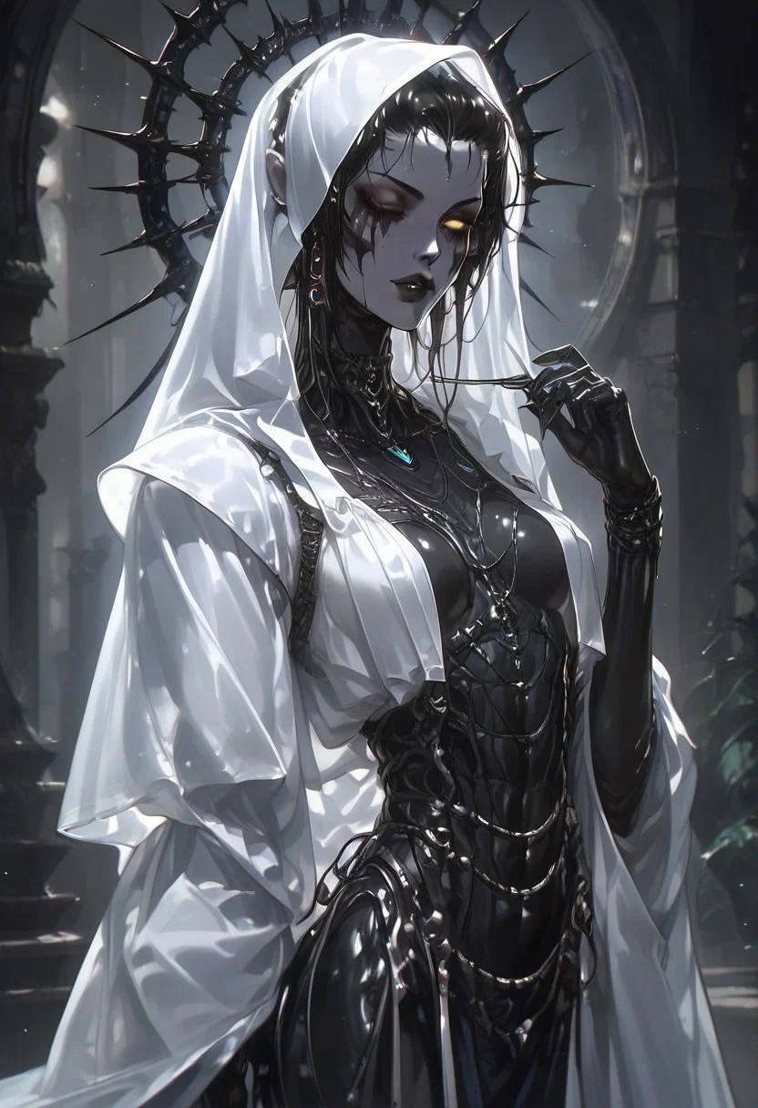 score_9, score_8_up, score_7_up, (portrait), 1girl, (John William Waterhouse, alien girl character design, exotic erotic dancer, exposed thighs, slim perky breasts, alien skintone), modern-style colour illustration, bold & powerful, lifelike art, cultist girl, evil & dark robes, detailed setting, dancing in an exotic market, exploring the surroundings, deep and colourful background, dark and moody lighting, green and blue and brown, light hair but dark eyebrows, ceremonial facepaint, e-girl makeup, black choker, flirting, teasing, different poses, inset reaction shot, rich & seductive, freckles, reaction frame, erotic aesthetics, al13ng0d, solo, veil, black skin, hood up, (flat breasts), Vintage, 1990s \(style\)