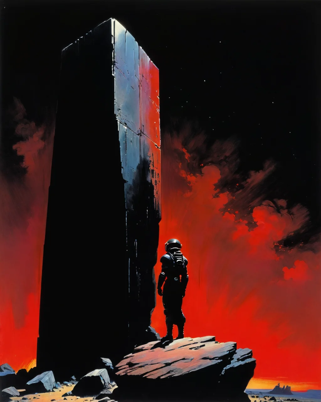 Monolith, 2001 space odyssey, Frank Frazetta style, ruby, black background, <lora:add-detail-xl:1.0> <lora:xl_more_art-full_v1:0.5>