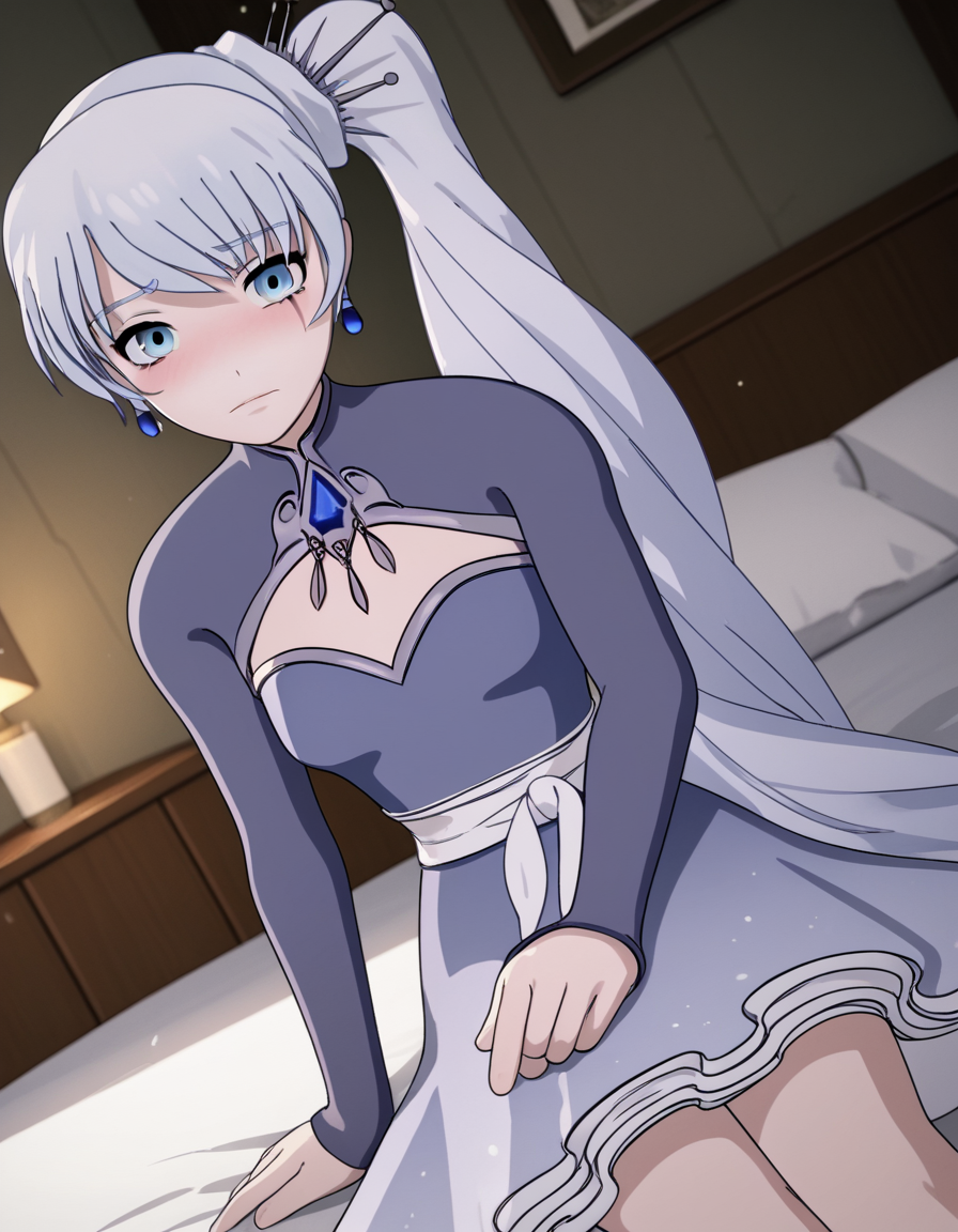 score_9, score_8_up, score_7_up, source_anime, <lora:weiss-schnee-ponyxl-lora-nochekaiser:1>, weiss schnee, long hair, blue eyes, hair ornament, ponytail, white hair, side ponytail, scar, tiara, scar on face, scar across eye,, dress, jewelry, earrings, blue dress,, indoors, bed, bed room, on side, blush, drunk, looking at viewer, solo, cowboy shot, dutch angle