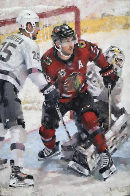 marklague1 painting.
A hockey player in a red jersey is captured in motion, skating or preparing to shoot. The player wears a helmet, padded gloves, and skates. There is another player on the left. On the right is a goalie protecting the net. <lora:marklague1_cap_d8a4e12:1.0><lora:855118005250586282:0>