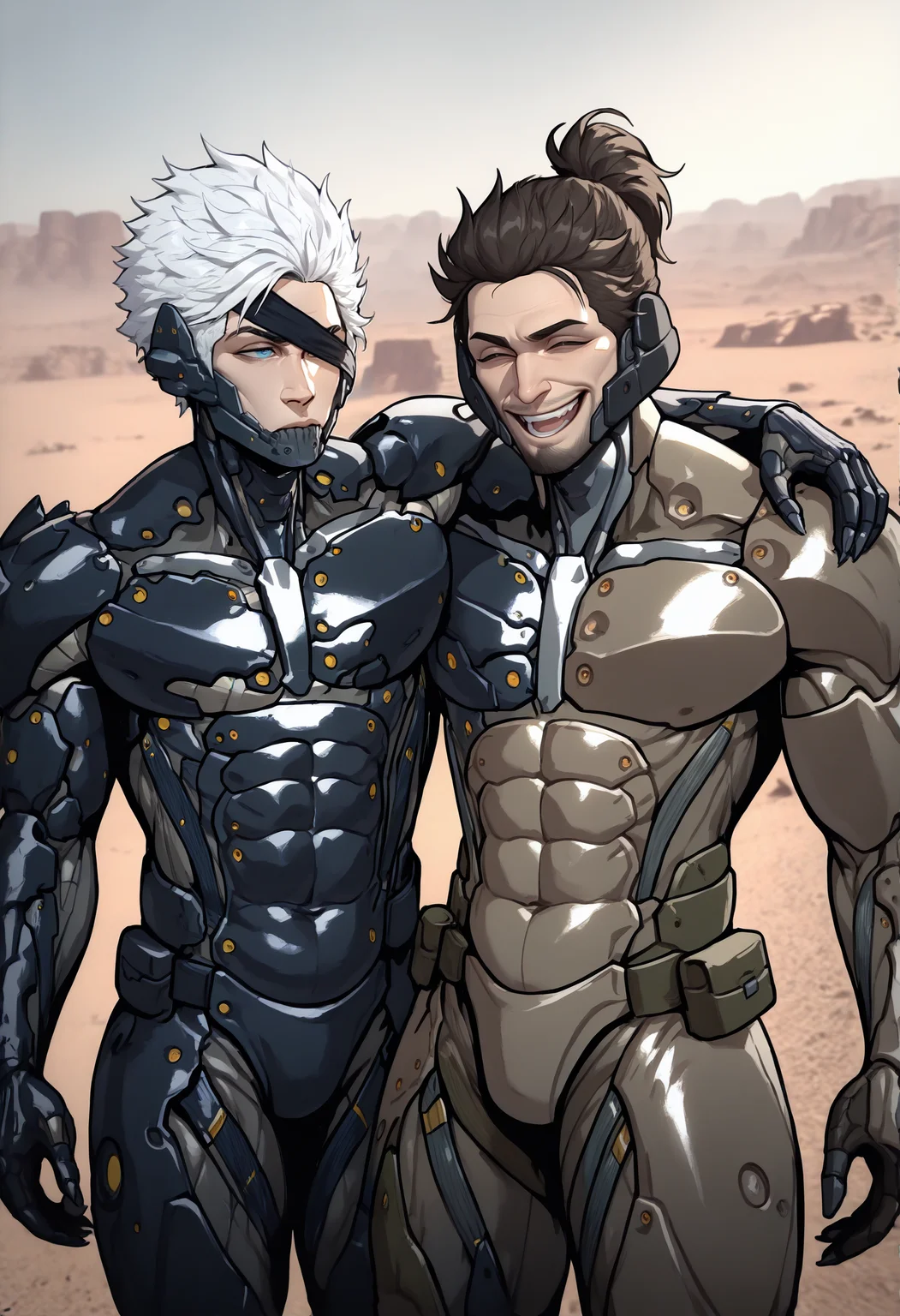 masterpiece, best quality, newest, absurdres, highres, 2boys, male focus, RaidenMGRDef, cyborg, bodysuit, eyepatch, mechanical chin, white hair, short hair, spiked hair, <lora:RaidenMGRR_illusXLNoobAI_Incrs_v1-000013:1>, muscular male, expressionless, outdoors, arizona, desert, blue eyes, looking at another, arm around shoulder,
masterpiece, best quality, newest, absurdres, highres, 2boys,  <lora:JetstreamSam_illusXL_Incrs_v1:0.8> JetstreamSam, brown eyes, cyborg, bodysuit, headgear, beard, smile, closed eyes, arm around shoulder, outdoors, arizona, desert, laughing,
