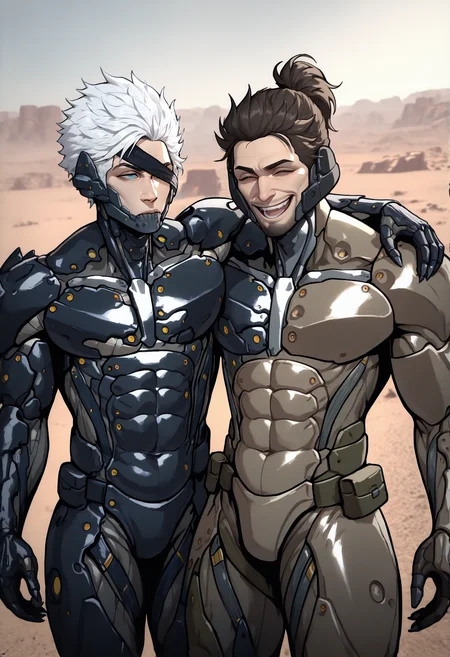 masterpiece, best quality, newest, absurdres, highres, 2boys, male focus, RaidenMGRDef, cyborg, bodysuit, eyepatch, mechanical chin, white hair, short hair, spiked hair, <lora:RaidenMGRR_illusXLNoobAI_Incrs_v1-000013:1>, muscular male, expressionless, outdoors, arizona, desert, blue eyes, looking at another, arm around shoulder,
masterpiece, best quality, newest, absurdres, highres, 2boys,  <lora:JetstreamSam_illusXL_Incrs_v1:0.8> JetstreamSam, brown eyes, cyborg, bodysuit, headgear, beard, smile, closed eyes, arm around shoulder, outdoors, arizona, desert, laughing,