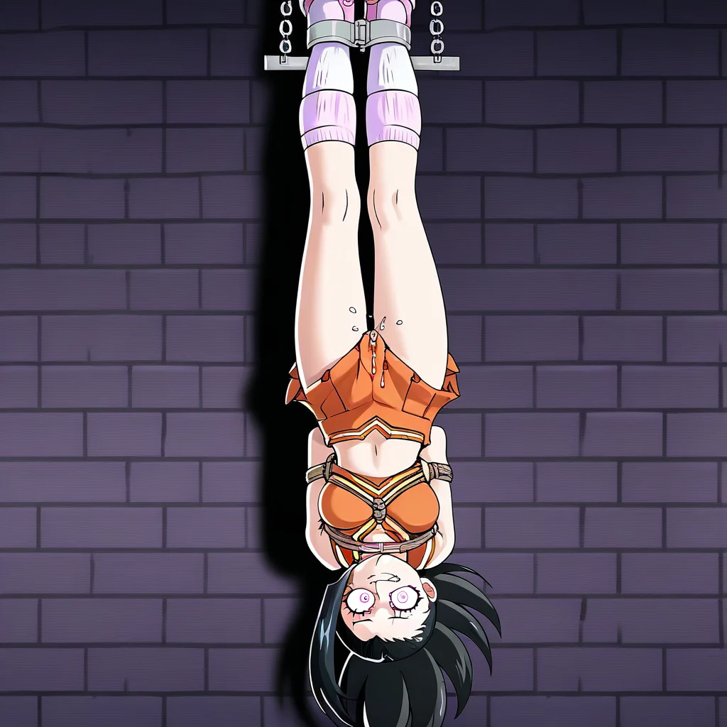 Momo hypnotized while restrained, Score 9, source anime, lewd, 1girl, mindcontrol, mind control, hypnotized, mindless smile, empty_eyes, blank stare, solo, (upper body focus), dungeon room, hanging_suspension, suspension, upside-down, bound_wrists, restraints, straight_legs, arms_behind_back, pussy juice, bondage, bdsm, source_anime, my hero academia, momo yaoyorozu, udsusp3nsi0n, ChopioYaoyorozu, long hair, black hair, wide ponytail, asymmetrical bangs, folded ponytail, outfit_6, cheerleader, choker, orange crop top, midriff, navel, orange skirt, pleated skirt, white socks, sneakers, pink footwear,