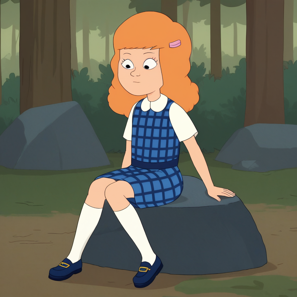 score_7_up, BREAK, BRIDGET, solo, 1girl,  solo, orange hair, black eyes, hairclip, blue plaid dress, short sleeves, white socks, mary janes, <lora:BridgetFitzsimmons_PXL_Leaf1:1>, forest, sitting on rock,