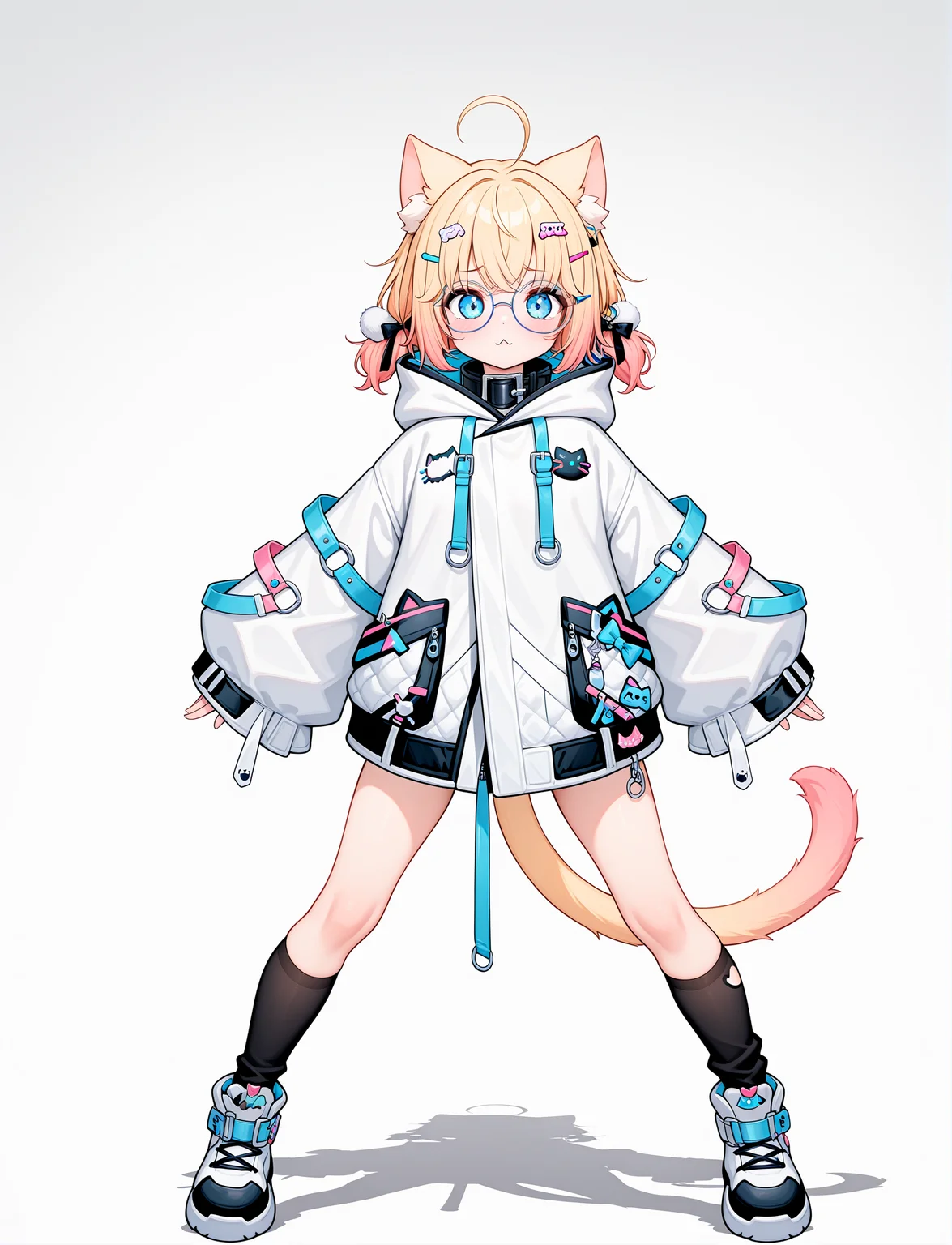 dynamic pose,  full body, 1girl, action pose,
petite, bedroom,
 <lora:MiniKomewV2:1> minikomew, blonde hair, catgirl, cat ears, round glasses, medium hair, cat tail, hairclip, blue eyes, collar, white jacket, oversize jacket, zipper sleeves past wrists, hood down, asymmetrical  legwear, black legwear, white footwear,, masterpiece, best quality, amazing quality, very aesthetic, absurdres, newest