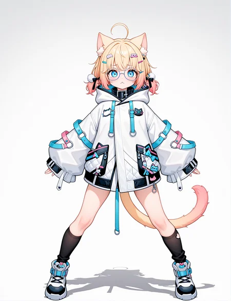 dynamic pose,  full body, 1girl, action pose,
petite, bedroom,
 <lora:MiniKomewV2:1> minikomew, blonde hair, catgirl, cat ears, round glasses, medium hair, cat tail, hairclip, blue eyes, collar, white jacket, oversize jacket, zipper sleeves past wrists, hood down, asymmetrical  legwear, black legwear, white footwear,, masterpiece, best quality, amazing quality, very aesthetic, absurdres, newest