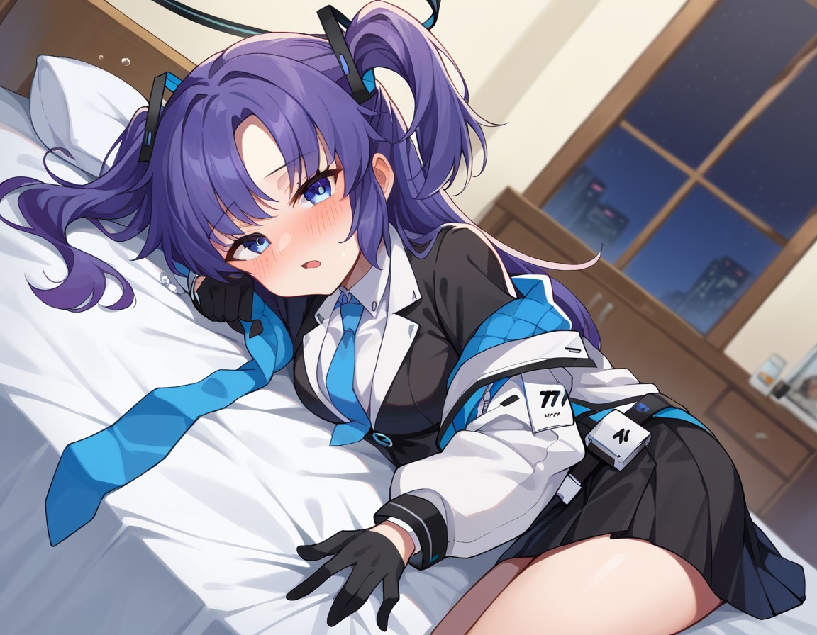 score_9, score_8_up, score_7_up, source_anime,
yuukahayase, <lora:yuuka-hayase-ponyxl-lora-nochekaiser:1>,
yuuka, blue eyes, halo, purple hair, two side up, long hair,
belt, black gloves, black suit, black skirt, blue necktie, gloves, halo, jacket, necktie, off shoulder, skirt, two-sided fabric, two-sided jacket, white belt, white jacket,
indoors, bed, bed room, on side, blush, drunk,
looking at viewer, dutch angle, cowboy shot,