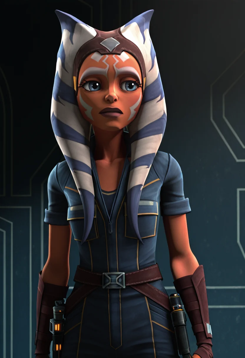 <lora:Ahsoka_Tano_S7TOTJ:1> ahsoka_tano, 1girl, female fcous, togruta, orange_skin, facial_markings, symmetrical face paint, jumpsuit_outfit, leather_headband, original_appearance, clone_wars_style, star_wars_background, 3d