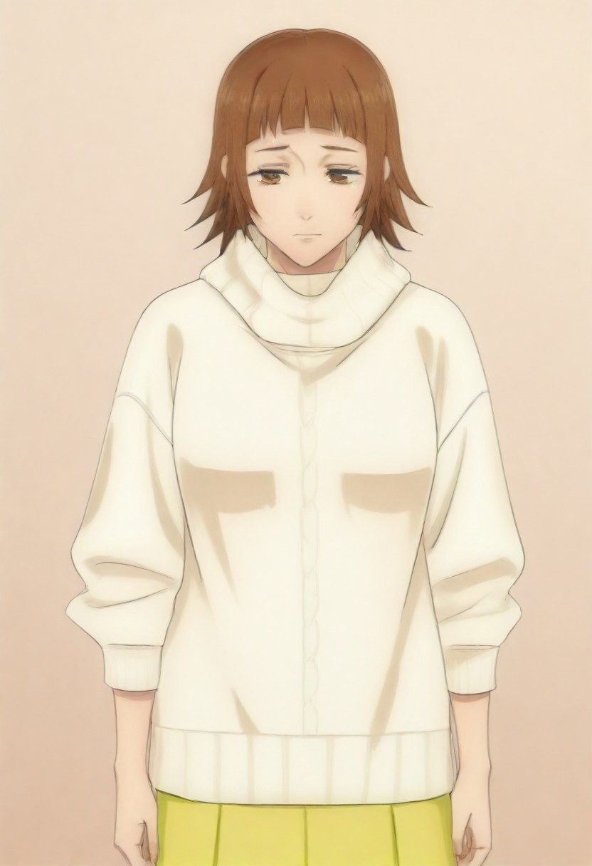 masterpiece, best quality, amazing quality,,, shiny skin,,,,,,,,yuozawa, brown_eyes, brown_hair, short_hair, blunt_bangs,, turtleneck, white_sweater, long_skirt, yellow_skirt,