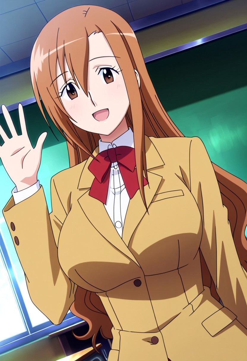 general,highres, ultra-detailed,very aesthetic,best quality ,best hands,best eyes,easynegative,
dynamic angle, dutch angle, anime cloring,anime screencap,
1girl solo,looking at viewer,indoors,classroom, smile,open mouth,waving hand,
Aria SHICHIJOU,light brown hair, long_hair, brown_eyes, huge_breasts,school uniform,
