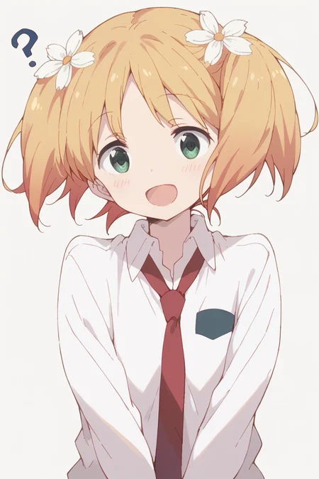 score_9, score_8_up, score_7_up, score_6_up,
<lora:Yuu_Sonoda:1> yuu, 1girl, hair flower, flower, hair ornament, solo, twintails, ?, open mouth, blonde hair, smile, necktie, school uniform, green eyes, :d, short hair, what, simple background,