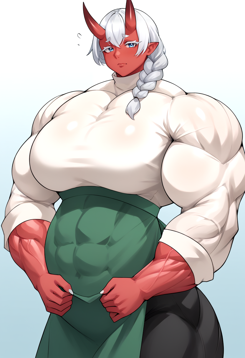 Score_9, score_8_up, score_7_up, score_6_up,,  upper body,  looking at viewer, solo,  1girl, cowboy shot, source_anime, BREAK, mature female, mature face, chubby, muscular female, huge muscle, big breasts, BREAK, Oni, colored red skin, horns, silver hair, single braid, BREAK,  white turtleneck sweater, long sleeves, green apron, black pants, big belly,   <lora:MusctonkXL:1>, BREAK, , colored silver eyelashes,  white eyelashes, muscle veins, embarrassed,  abs, pregnant, <lora:Concept_Pregnant_belly_with_abs:0.8>