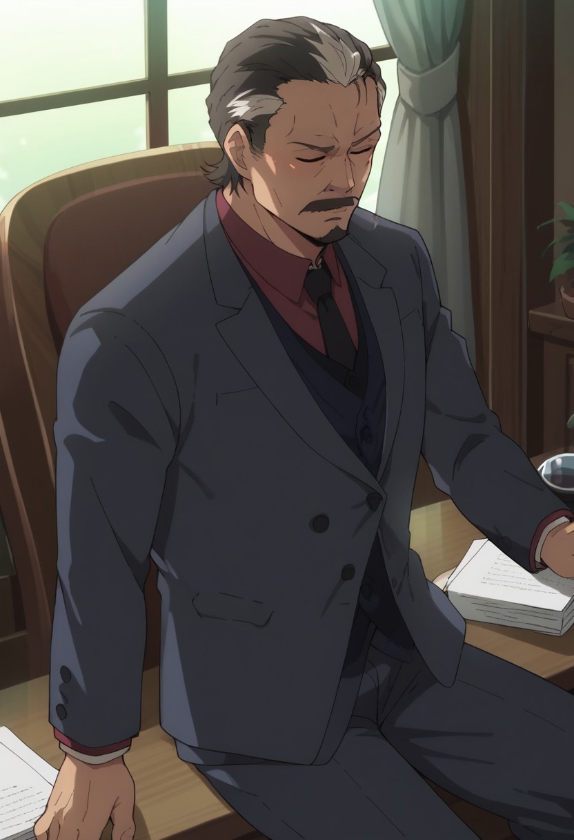 score_9, score_8_up, score_7_up, source_anime, rating_safe, Shigedaddy, 1boy, male focus, anime screencap, solo, formal wear, grey-blue suit, red collared shirt, black necktie, dark vest, long sleeves, grey-blue pants, sitting, blurry indoors office, closed eyes, sleepy, sleepin for a while---literally
