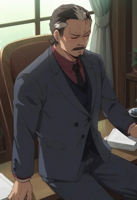 score_9, score_8_up, score_7_up, source_anime, rating_safe, Shigedaddy, 1boy, male focus, anime screencap, solo, formal wear, grey-blue suit, red collared shirt, black necktie, dark vest, long sleeves, grey-blue pants, sitting, blurry indoors office, closed eyes, sleepy, sleepin for a while---literally