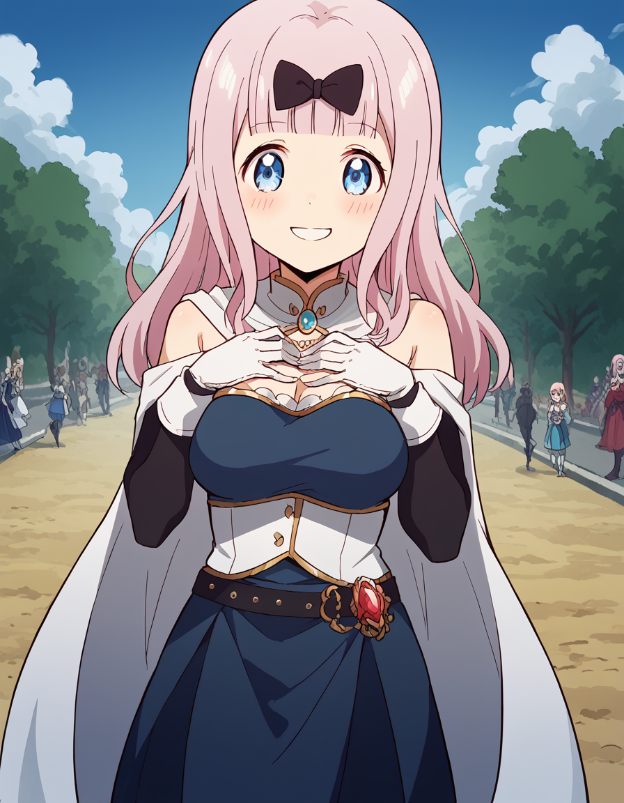 score_9, score_8_up, score_7_up, source_anime, chikafujiwara, <lora:chika-fujiwara-s3-ponyxl-lora-nochekaiser:1>, chika fujiwara, long hair, bangs, blue eyes, bow, pink hair, hair bow, blunt bangs, black bow, large breasts,, <lora:miki-sayaka-cosplay-ponyxl-lora-nochekaiser:1>, miki sayaka cosplay, miki sayaka (cosplay), belt, black sleeves, blue skirt, cape, cosplay, dress, gloves, gem, skirt, sleeveless, sleeveless dress, white cape, white gloves,, streets, outdoors, smile, blush, hands on own chest, cowboy shot, looking at viewer,