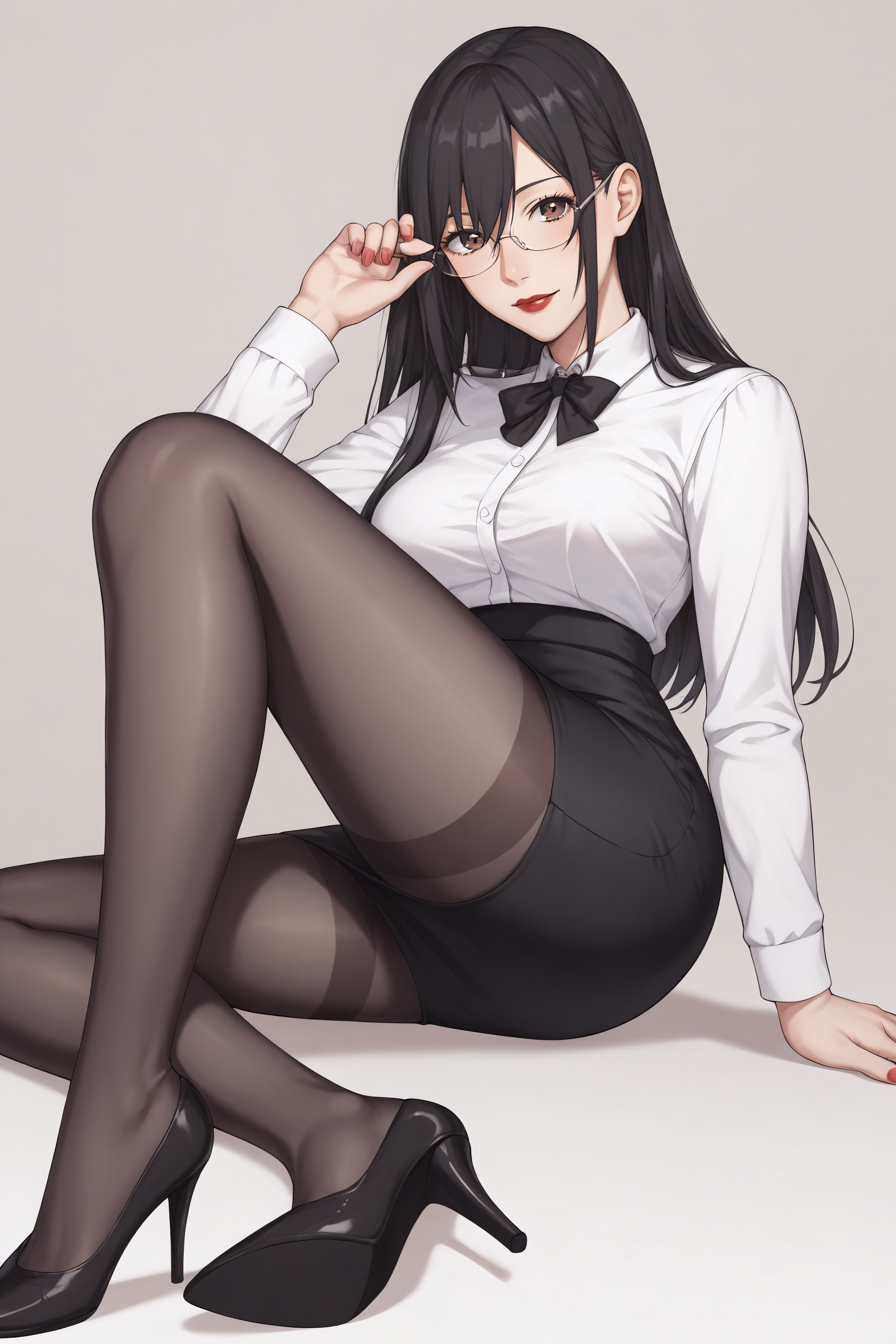 score_9, score_8_up, score_7_up, BREAK source_anime, <lora:Mayuri Hanyuu-PonyXL-lora-Faxtron:0.8> mayuri hanyuu, brown eyes, black hair, long hair, medium breasts, red lips, glasses, white shirt, pencil skirt, black pantyhose, high heels,