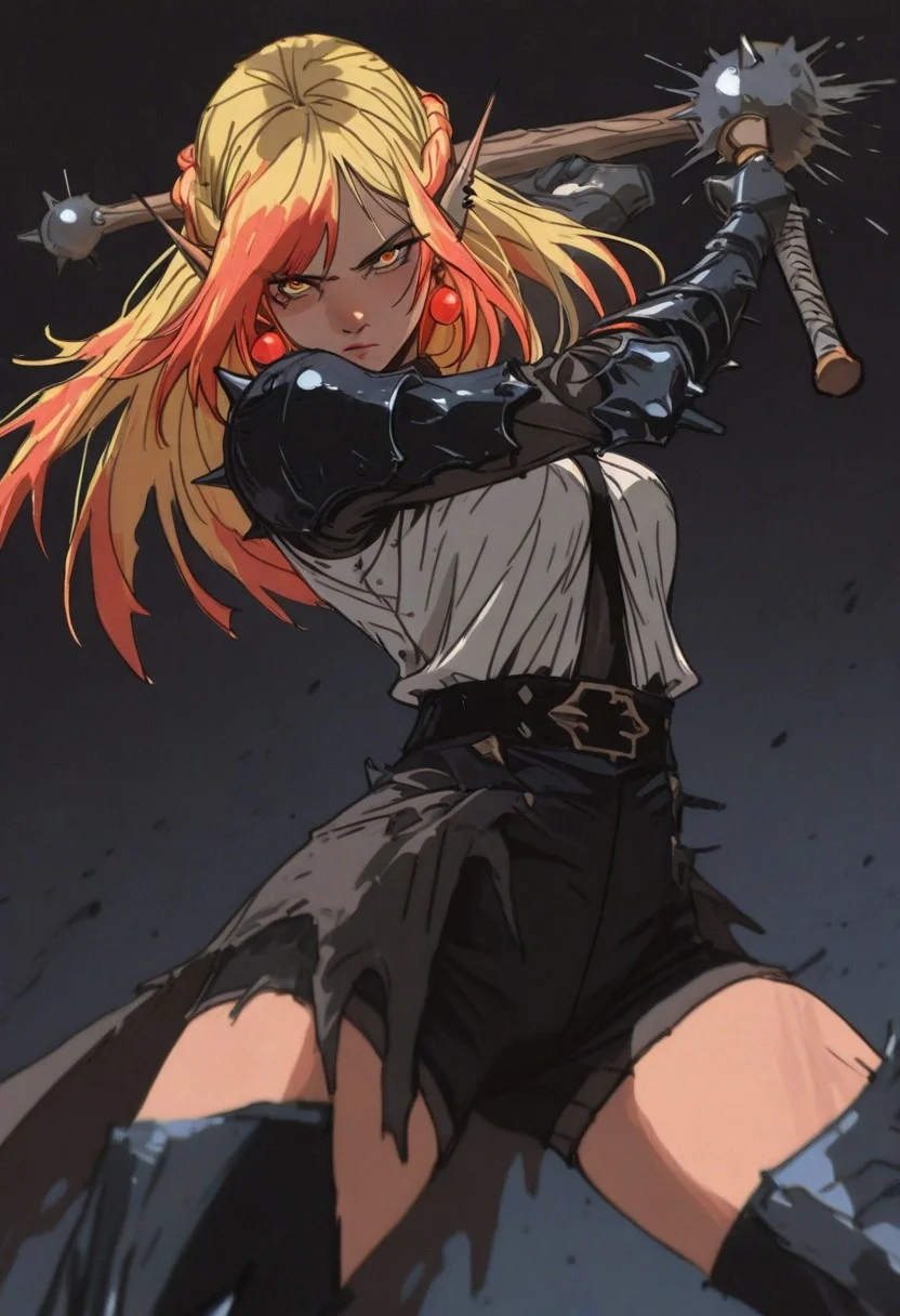 masterpiece, amazing quality, absurdres, 4ur4_illu, fl4tgr1t, sketch, dark_fantasy_style, dark fantasy, retro,
(Girl:0.0), 1girl, (solo), yellow hair, half up braid, straight hair, multicolored hair, swept bangs,
orange eyes, ultra-detailed anime eyes, round eyes, pointed ears, earrings, ear piercing, breasts,
dark spiked armored outfit, white shirt, black shorts, black belt, thigh-high boots,
(Pose:0.0), ((looking at viewer)), standing, (swinging mace), motion blur,
(Emotion:0.0), determined, serious,
(Scene:0.0), cowboy shot, dutch angle, from front, dynamic pose, simple background, depth of field, foreshortening,