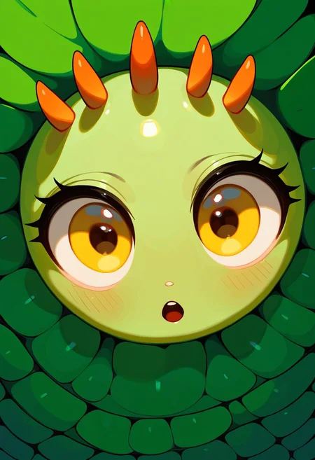 score_9, score_8_up, score_7_up, score_6_up, score_5_up, score_4_up, Expressiveh, (feral insect girl, feral caterpillar girl:1.2), full body shot, rearing up, perky breasts, green caterpillar, open mouth, cute, petite, (arms down at sides), single orange horn, (two-pronged horn), green body, leaves, looking at viewer, ((crawling, slithering, many legs:1.2), big bulbous head, long body, centipede legs:1.3), big eyes, outdoors, blue sky, sunny day, black stripes, dutch angle, diagonal view