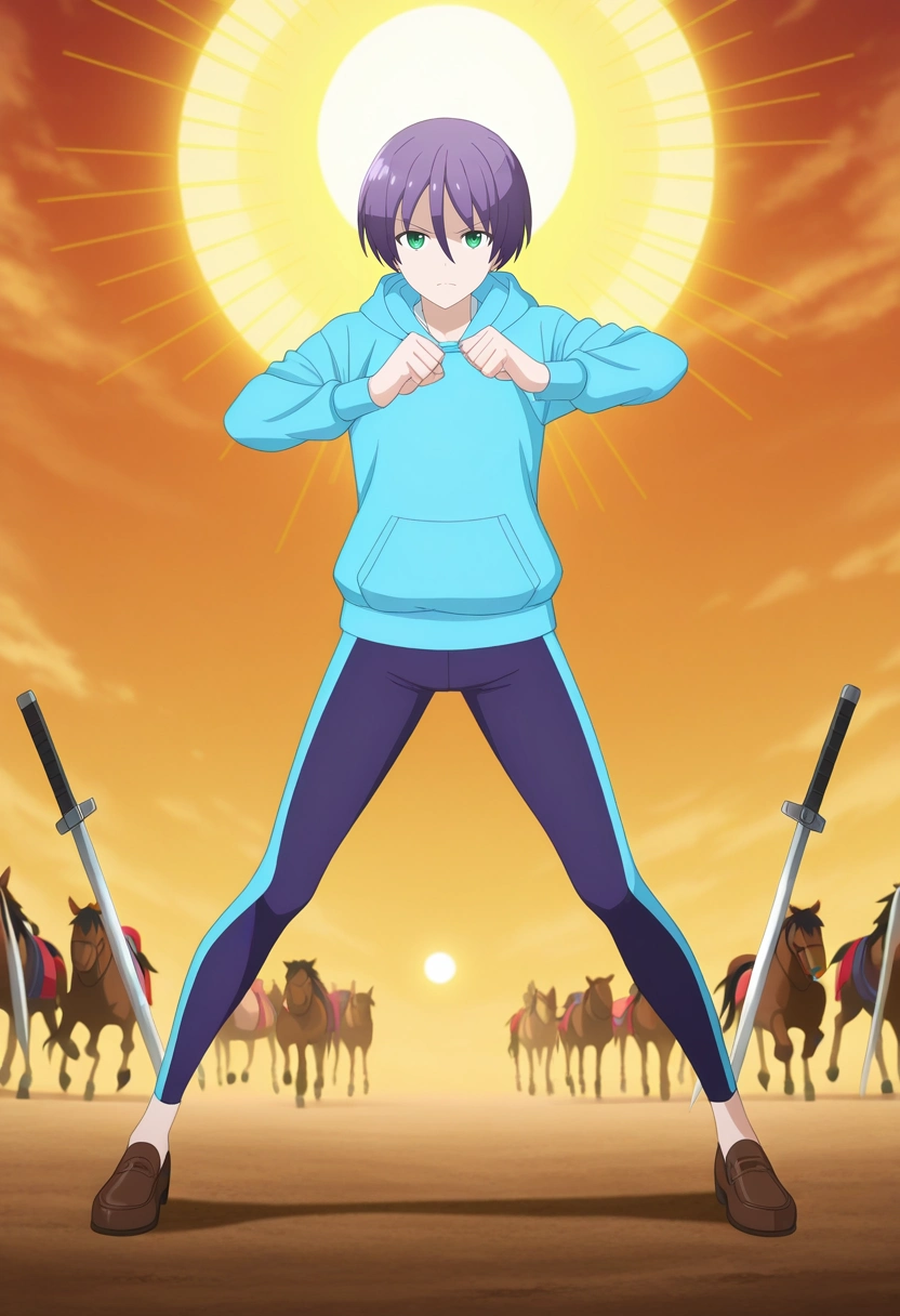 masterpiece, best quality, intricate details, anime screencap, , , looking at viewer, 1boy, solo, male focus, <lora:nasa_yuzaki_ilxl:1>, nasa_yuzaki, purple hair, green eyes, short hair, hair between eyes, blue hoodie, battle-ready plain, glowing sun, galloping horses, clashing swords, charging pose, fierce expression, dusty horizon, Athletic leggings, Lilac Chiffon Chevron Windbreaker, Penny loafers, Military beret,